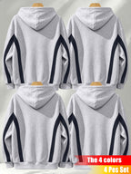 [4pcs] 2026 Autumn Winter Street Style Men'S Hooded Sweatshirt, Side Color-Block Lines Long Sleeve, Adjustable Drawstring Large Phone Kangaroo Pouch, Skin-Friendly Warm Back-To-School Rock Party Versatile Pullover Hoodie - Gray+grey+grey+grey