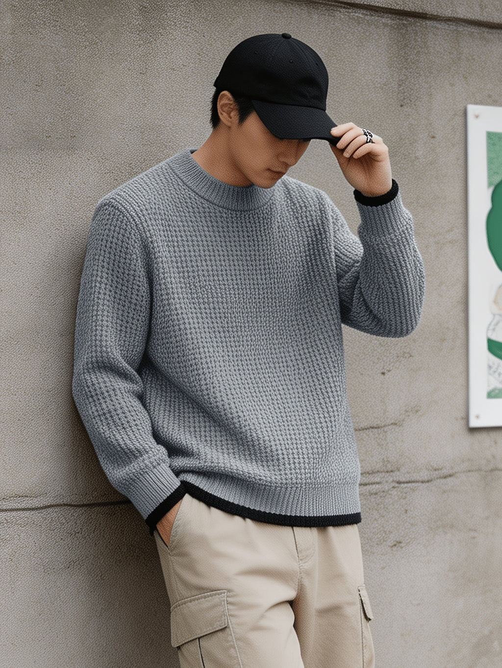 Autumn Winter Men'S Waffle Knit Round Neck Pullover Sweater, Faux Two-Piece Color Blocked Trim Long Sleeve Knit Top, Loose Drop Shoulder Warm Sweater, Suitable for Daily Commute Casual Wear - Grey