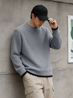 Autumn Winter Men'S Waffle Knit Round Neck Pullover Sweater, Faux Two-Piece Color Blocked Trim Long Sleeve Knit Top, Loose Drop Shoulder Warm Sweater, Suitable for Daily Commute Casual Wear - Grey