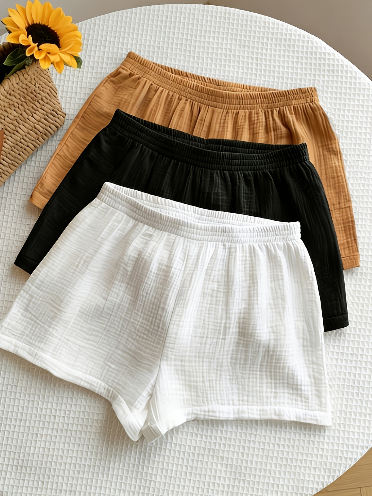Women's Solid Color Loose-Fit Home Shorts, Lightweight Breathable Fabric, Elastic High-Waist Casual Pants, Versatile for Sleepwear, Loungewear, or Outerwear, Available in Three Colors, Soft and Comfortable for Home Wear, Women's Wide-Leg Shorts 3pcs - Mixed colors