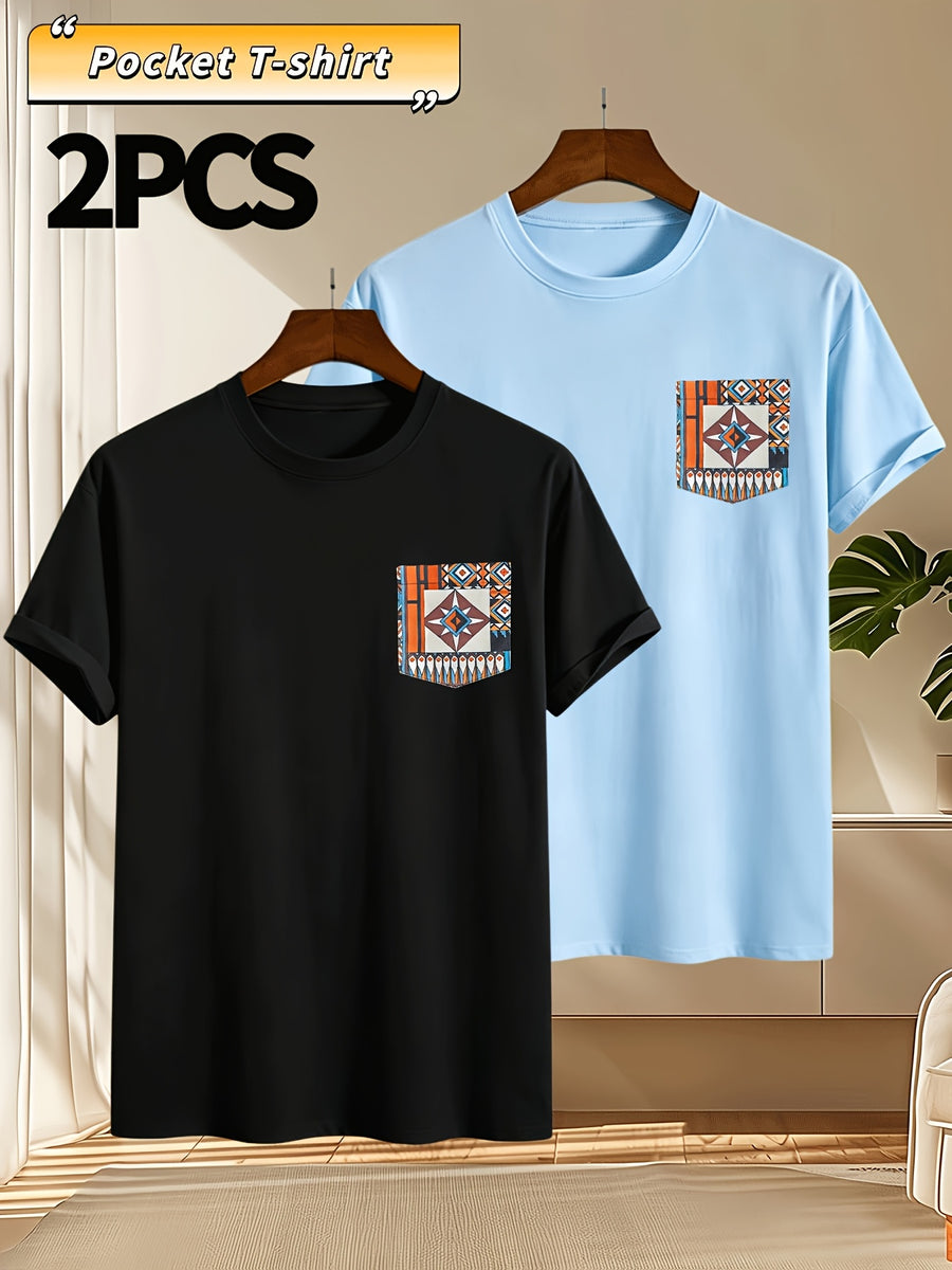 2pcs Men's Round Neck Pocket Short-Sleeve T-Shirt, Suitable for Summer Outdoor Casual Wear, Versatile Casual Knit Top, Men's Casual Pocket Design Sport T-Shirt - Black+sky Blue
