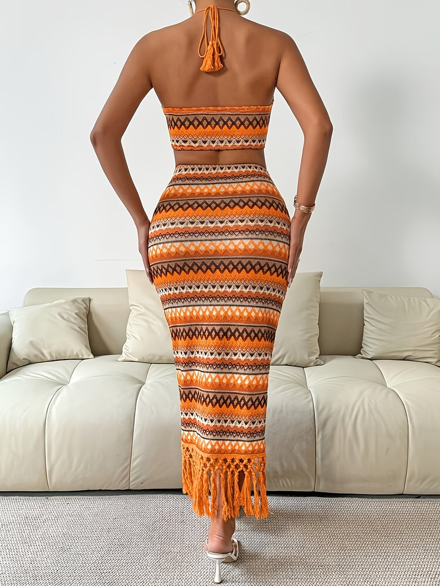 Colorful Backless Sleeveless Top and Thigh-Slit Fringe Skirt Set for Summer Vacation Beach Style - Orange