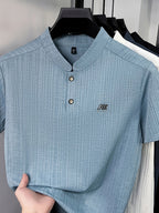Men's Summer Short-Sleeve Henley Neck T-Shirt - Breathable Base Layer Shirt with Asymmetric Collar, Stand Collar Suitable for Business Casual Wear, Machine Washable Solid Color Top for Office, Outdoor & Daily Work Scenes - Blue