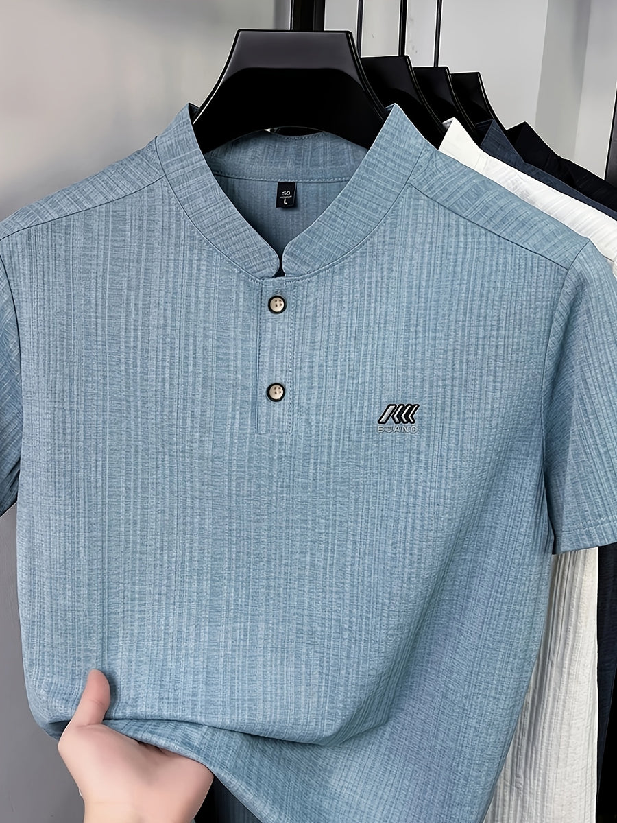 Men's Summer Short-Sleeve Henley Neck T-Shirt - Breathable Base Layer Shirt with Asymmetric Collar, Stand Collar Suitable for Business Casual Wear, Machine Washable Solid Color Top for Office, Outdoor & Daily Work Scenes - Blue