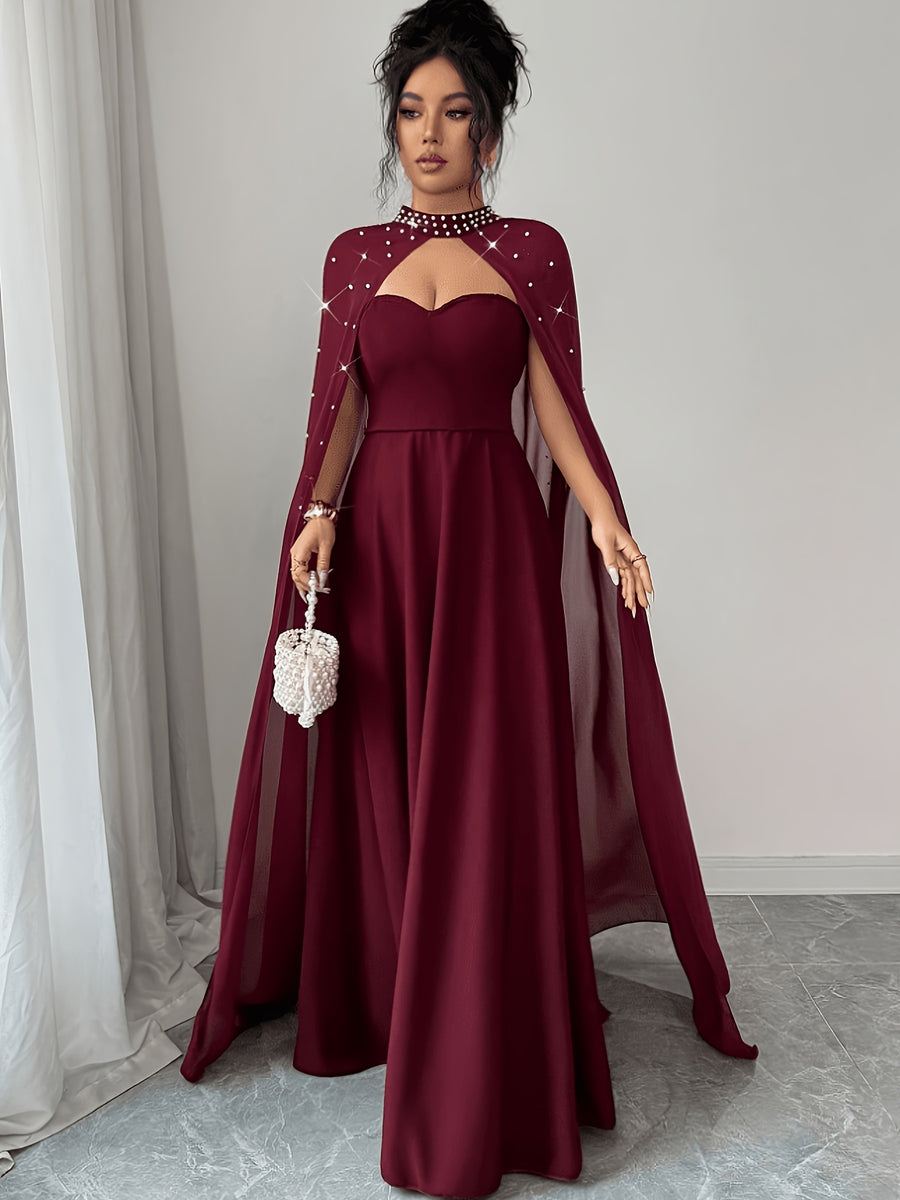Women's Pearl-Embellished A-Line Bridesmaid Dress with Cinching Waist - Lightweight Cocktail Gown Suitable for Weddings, Proms, Parties, Machine Washable Elegant Party Dress with Pearl Neckline & Stand Collar, Year-Round Wear - Red