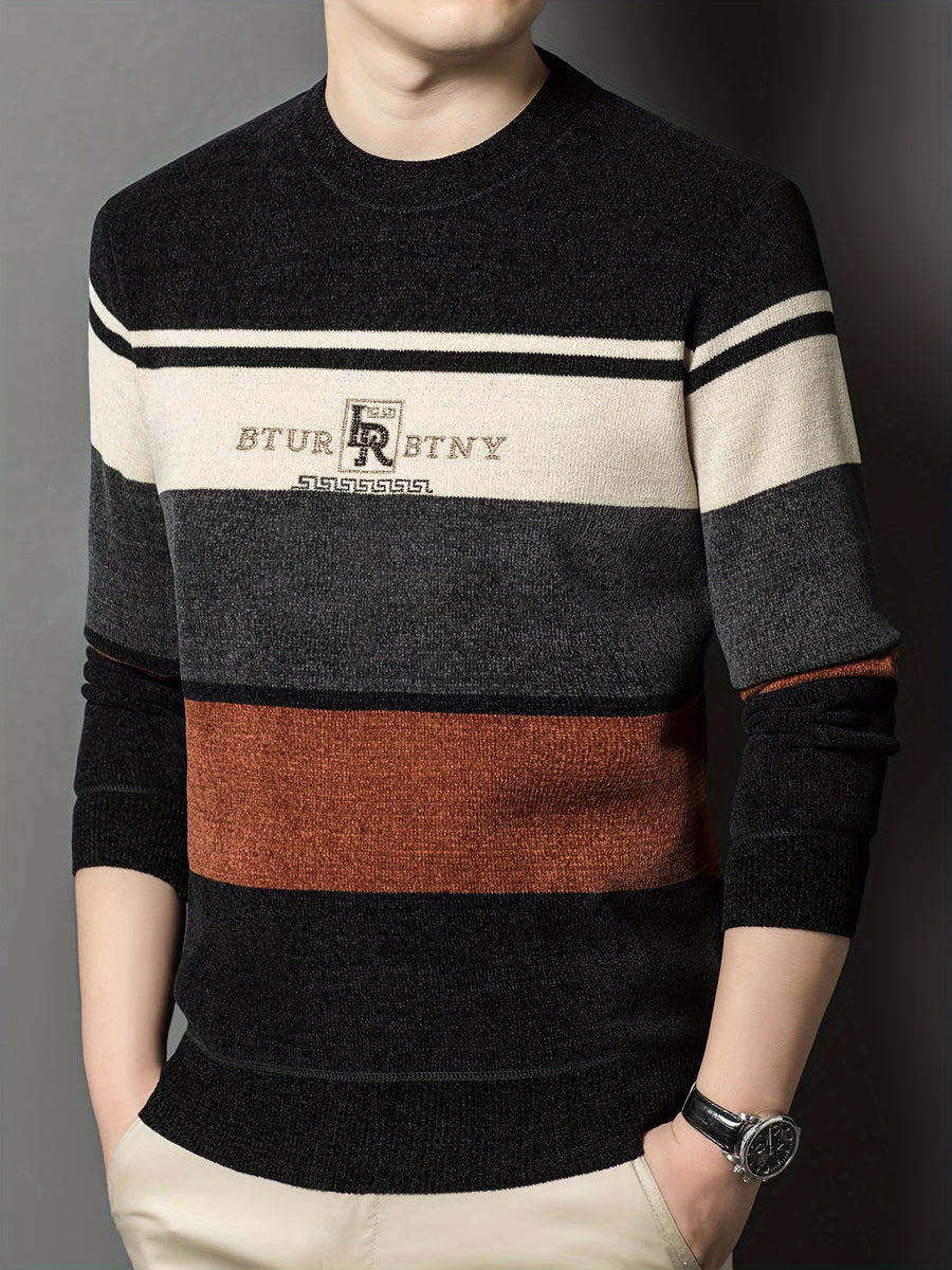 Men'S Winter Striped Crew Neck Sweater, Thickened, Casual Round Neck, Regular Fit, Long Sleeve, Knitted Pullover with Ribbed Hem And Cuffs, Fashionable Letter Pattern, Winter Warmth Top, Autumn Essentials - Light Brown-1