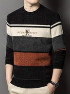 Men'S Winter Striped Crew Neck Sweater, Thickened, Casual Round Neck, Regular Fit, Long Sleeve, Knitted Pullover with Ribbed Hem And Cuffs, Fashionable Letter Pattern, Winter Warmth Top, Autumn Essentials - Light Brown-1
