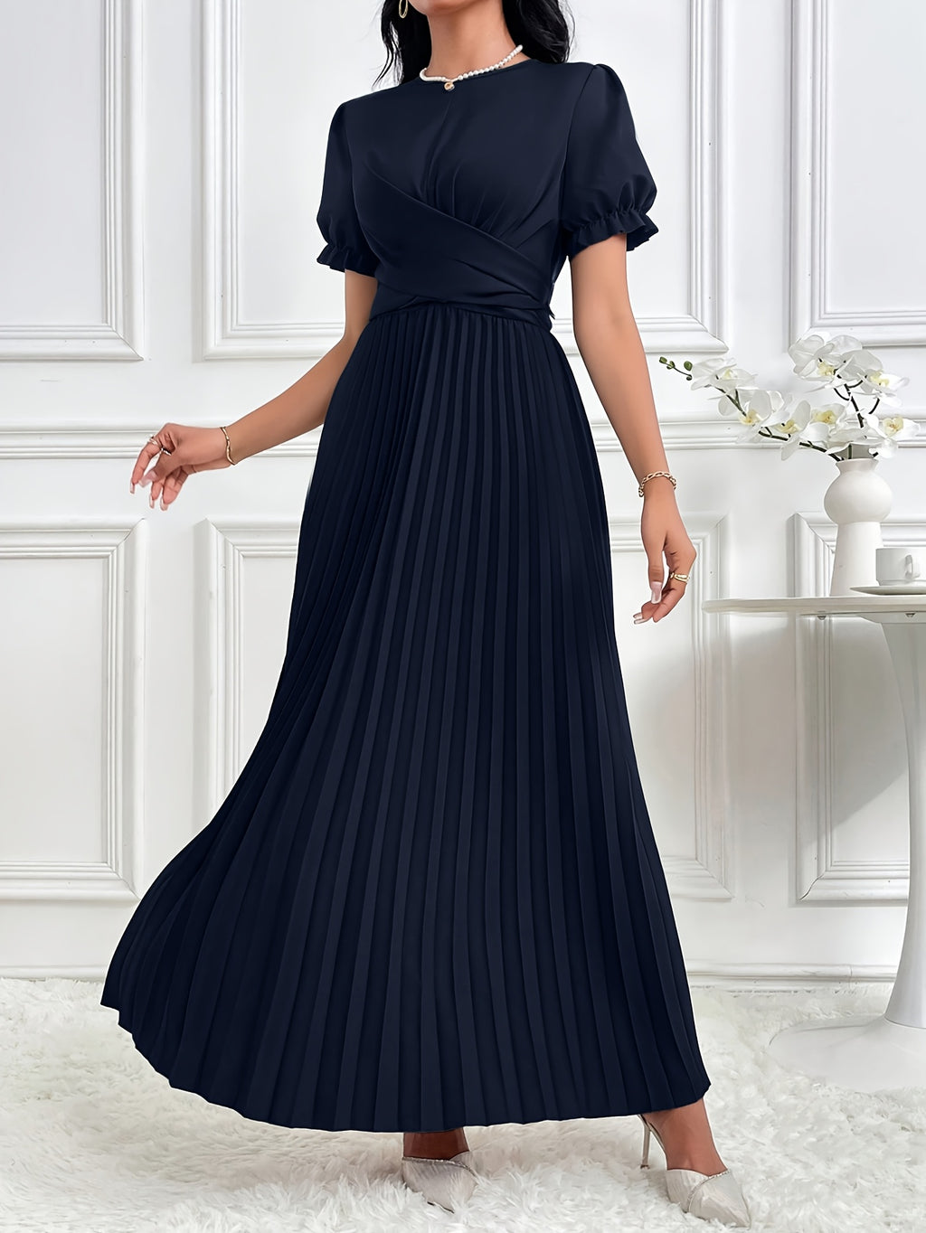 Women'S Solid Lantern Sleeve Ruffled Elegant Long Dress, Spring/Summer - Navy Color