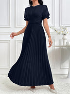 Women'S Solid Lantern Sleeve Ruffled Elegant Long Dress, Spring/Summer - Navy Color