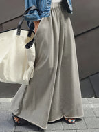 Women's Fashion Casual Wide-Leg Pants, Solid Color Polyester, Machine Washable - All Seasons - Grey