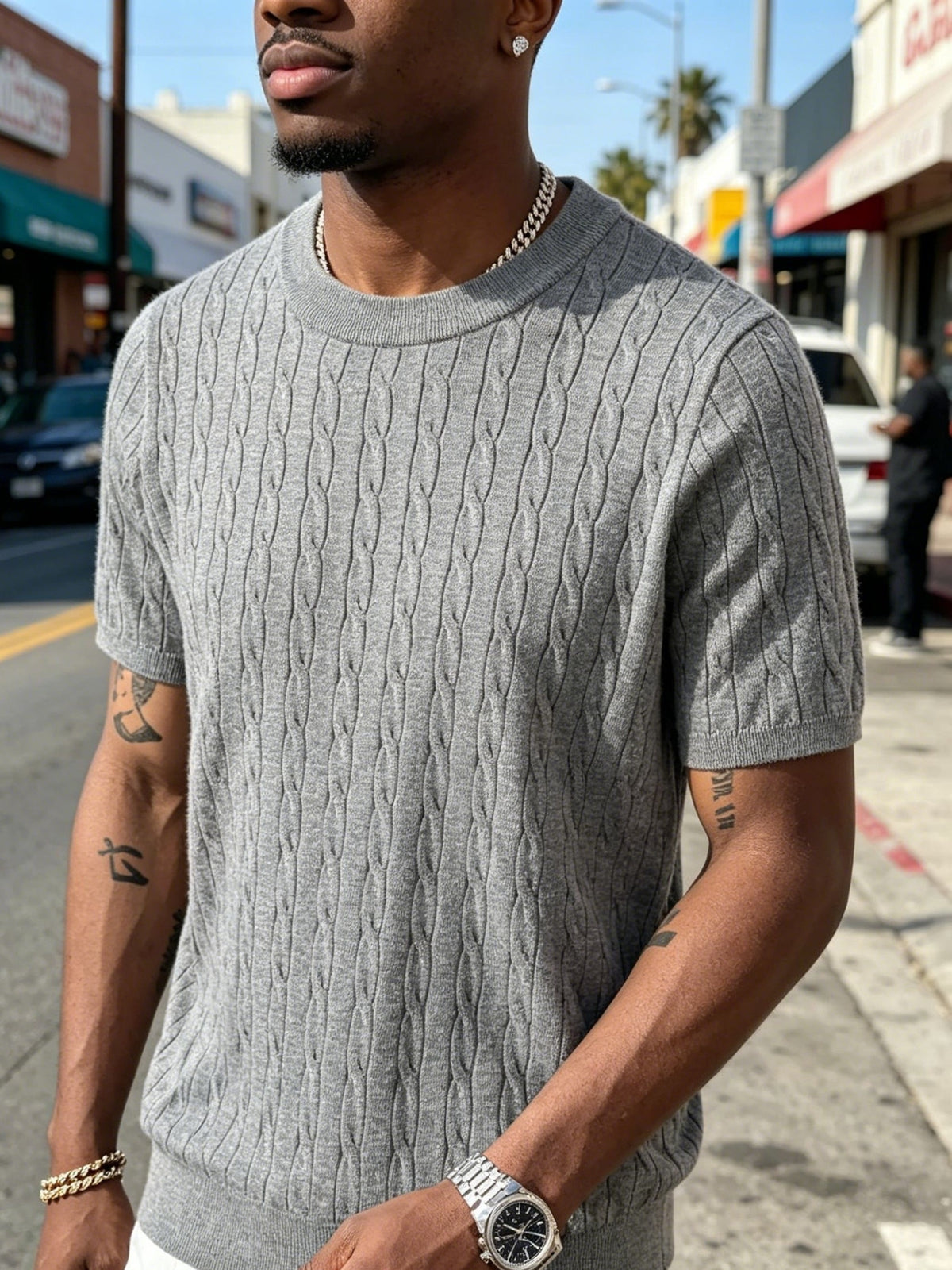 Classic Round Neck Cable Knit T-Shirt, Men'S Spring Summer Vintage Texture Top, Cable Twist Pattern Design, Breaking Pure Color Monotony, Suitable for Friends' Gatherings, Outdoor Camping, Casual Dates, Daily Strolls - Grey