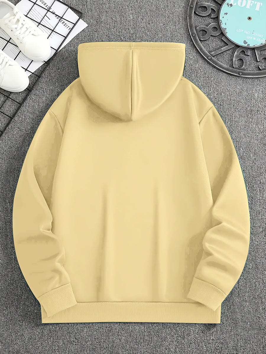 Minimalist Style Boston Letter Print Men'S Hooded Sweatshirt Regular Fit, Casual Long Sleeve Pullover - Apricot