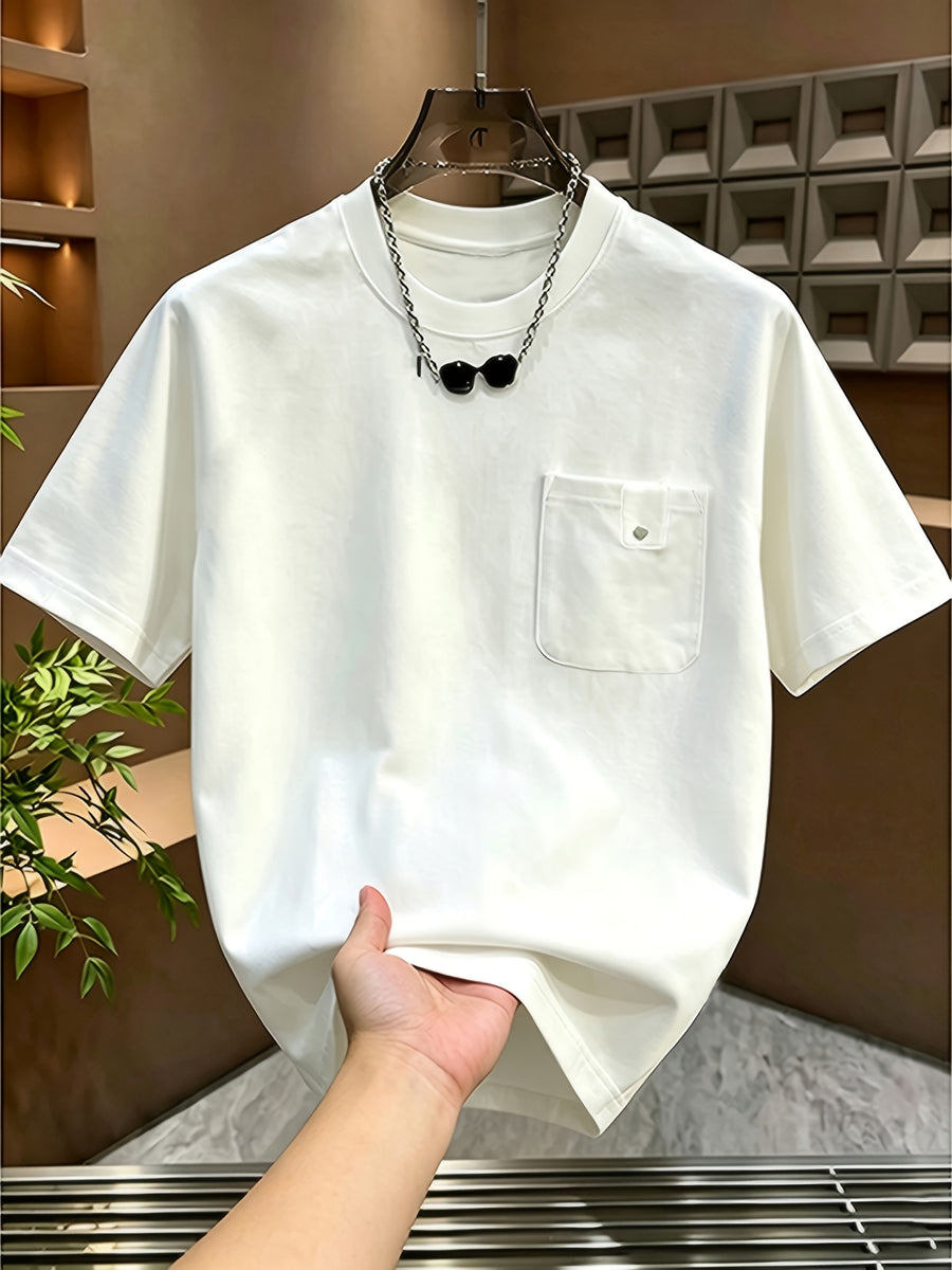 Men's New Summer Apparel, Unique and Distinctive Chest Pocket Pure Color Short Sleeve T-Shirt, Crew Neck, Elegant Gentleman's Trendy Tee - White