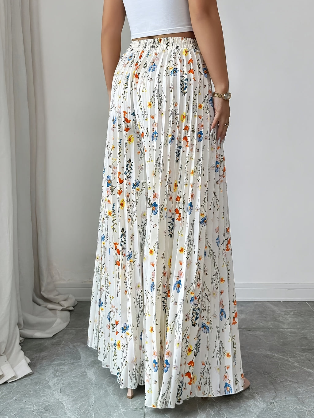 Boho Floral Pleated Wide Leg Pants | Women'S High-Waisted Casual Summer Flowy Palazzo Trousers - White