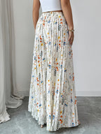 Boho Floral Pleated Wide Leg Pants | Women'S High-Waisted Casual Summer Flowy Palazzo Trousers - White
