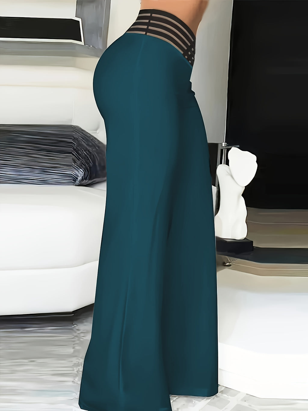 Women's High-Waist Flare Pants with Cross-Front Mesh Detail - Dark Teal, Elegant Bell Bottoms, Machine Washable, All-Season Comfort, Perfect for Casual or Dressy Occasions - Dark Cyan