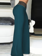 Women's High-Waist Flare Pants with Cross-Front Mesh Detail - Dark Teal, Elegant Bell Bottoms, Machine Washable, All-Season Comfort, Perfect for Casual or Dressy Occasions - Dark Cyan