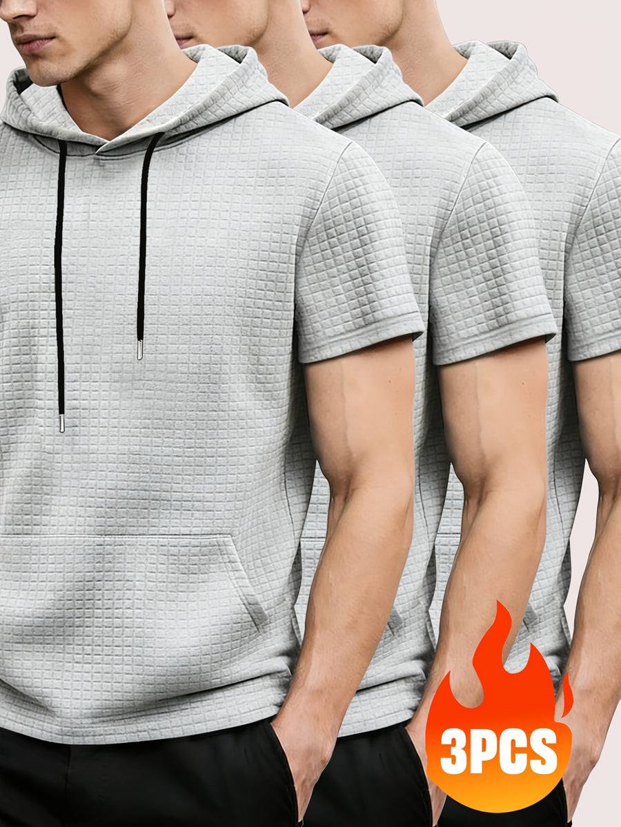 3pcs Men's Waffle Knit Short Sleeve Hoodie with Kangaroo Pocket, Soft and Breathable Fabric, Multiple Color Options, Versatile for Daily Wear, Simple and Stylish Casual Sportswear, Suitable as Matching Family Outfits, Great Choice for Gifts - Gray + Gray + Gray