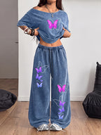 Y2K Vintage Washed 2pcs Sportswear Set - Off-the-Shoulder Top + Butterfly Print Loose Wide-Leg Pants, Sweet and Cool Street Style Women's Loungewear - Navy Color