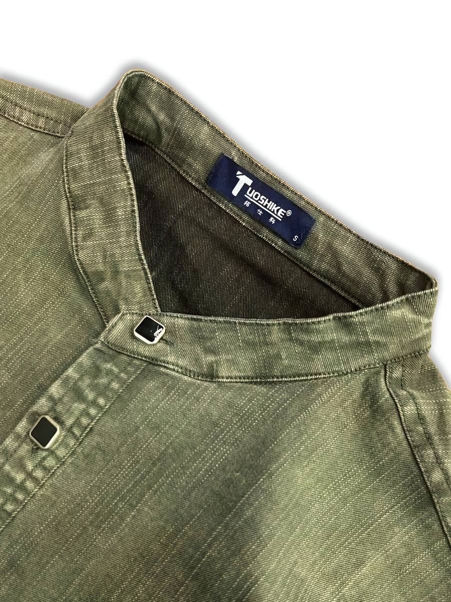Men's Casual Denim Stand Collar Half-Open Placket Henley Shirt with Chest Pocket and Long Sleeves - Olive