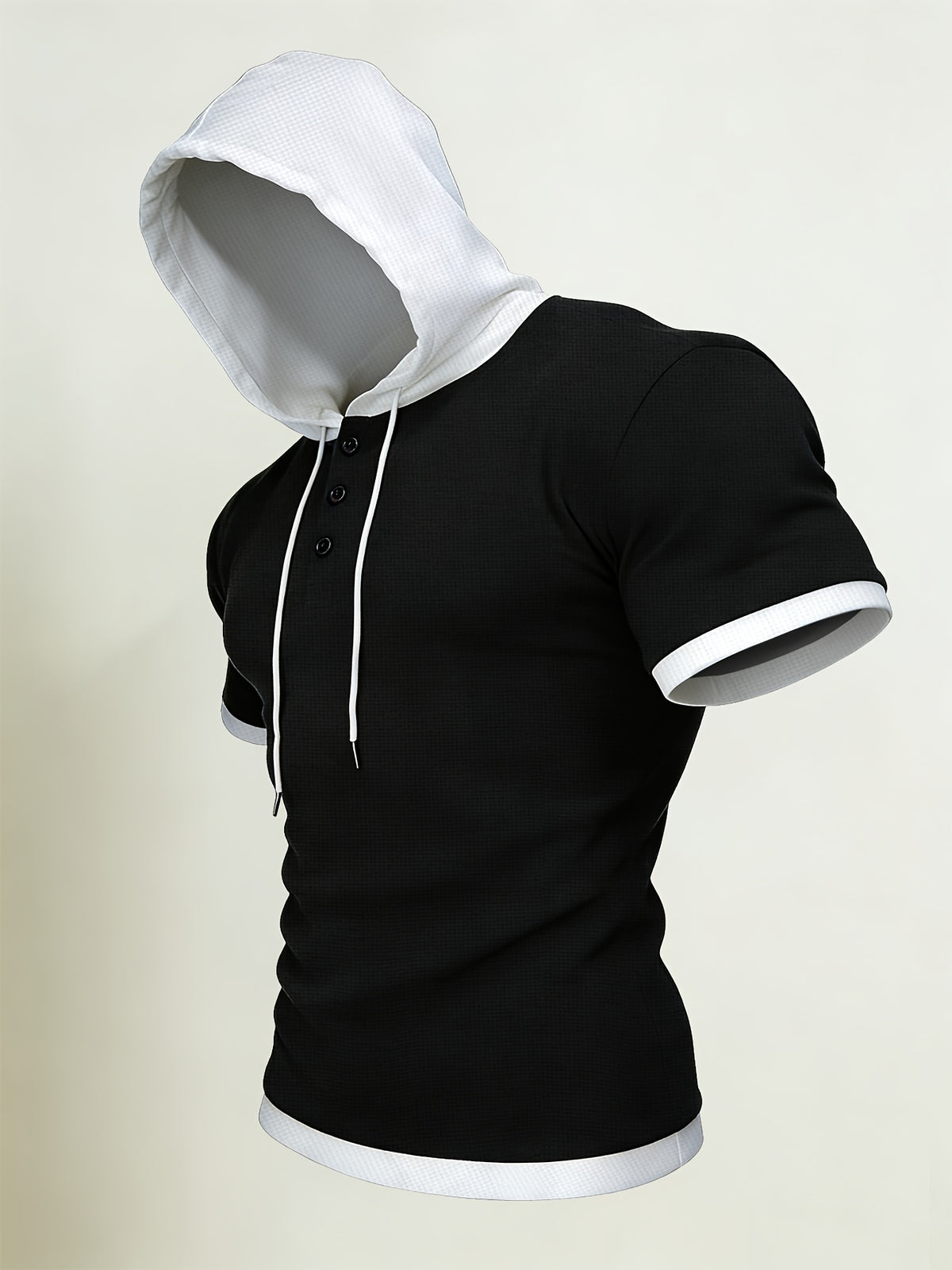 Josh Rose Summer Men's High-Quality Waffle Hooded Short-Sleeve T-Shirt - Unique Fashionable Patchwork Design with Special Textured Fabric, Adjustable Drawstring with Button, Suitable for Gym Workouts, Sports, Casual Wear, Outdoor Camping - Black