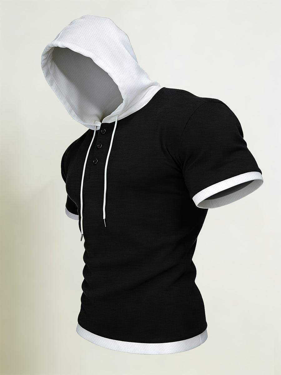 Josh Rose Summer Men's High-Quality Waffle Hooded Short-Sleeve T-Shirt - Unique Fashionable Patchwork Design with Special Textured Fabric, Adjustable Drawstring with Button, Suitable for Gym Workouts, Sports, Casual Wear, Outdoor Camping - Black
