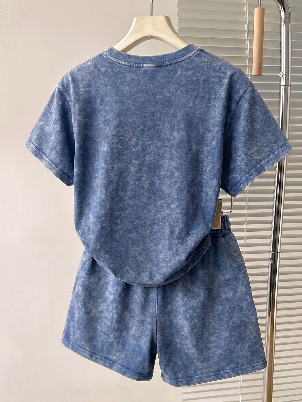 Summer Autumn Fashion Distressed Washed Short Sleeve Shorts with Drawstring Casual Women'S Set, Comfortable for Hot Weather, Classic Silhouette, Relaxed Fit, Casual Home And Outing Two-Piece Set - Blue