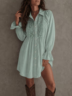 2026 Spring/Autumn Front Short Back Long Designer Style Loose Fit Elegant Solid Color Button-Up Elastic Cuffs Patchwork Lace Trim Women's Blouse ZLLZ - Light Green