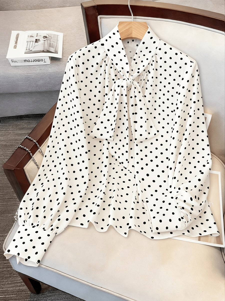 Women'S Elegant Tie-Front Long Sleeve Polka Dot Printed Statement Shirt, Suitable for Daily And Commute Wear - White