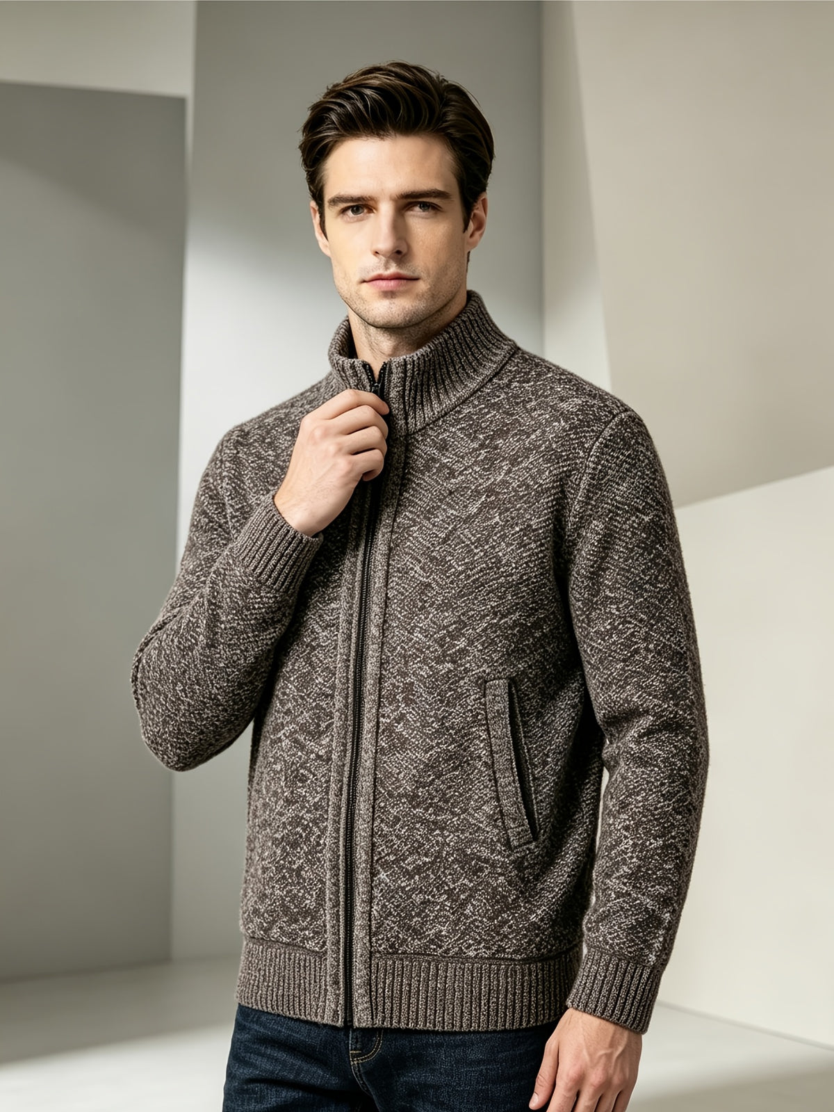 Autumn Winter Christmas Gift Men'S Sweater Jacket Cardigan Zipper Long Sleeve Knit Top High Neck Warm Breathable Fit Temperament Good for Students Office Bosses Casual Commute Dates Gatherings - Coffee Color