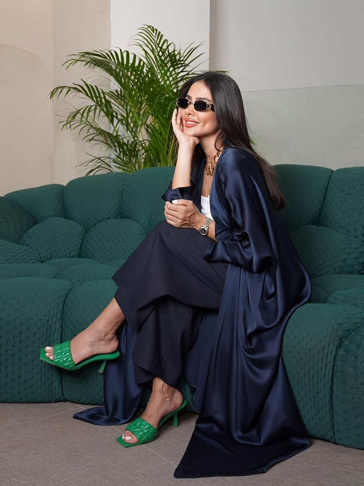 Middle East Special Muslim Fashion Women's Long Casual Satin Soft Robe Comfortable Minimalist Abaya with Sleeves - Blue