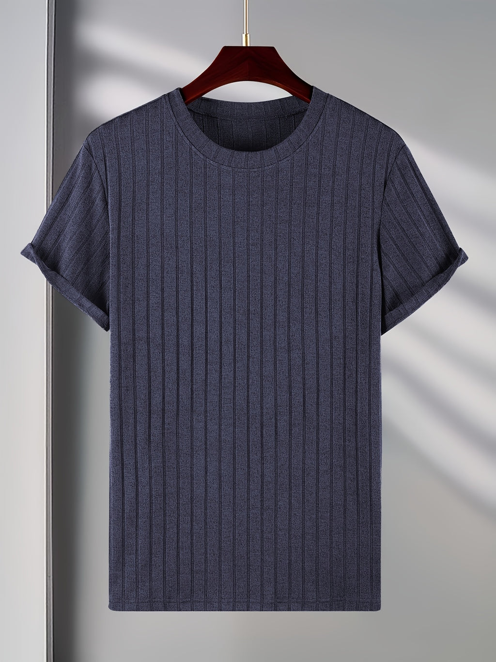 Josh Rose OBM Men's Short Sleeve T-Shirt, Summer Breathable Crew Neck Knitted Jacquard Casual Fashion Outerwear, Comfortable High-Quality Men's Top - Grey