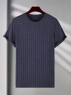 Josh Rose OBM Men's Short Sleeve T-Shirt, Summer Breathable Crew Neck Knitted Jacquard Casual Fashion Outerwear, Comfortable High-Quality Men's Top - Grey