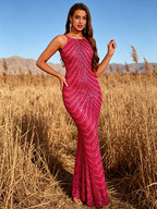 Dragon Fruit Powder Sequined V-Neck Fishtail Evening Gown, Double Thin Shoulder Strap Design, Formal Prom Dress, Four-Strap Beaded Bridesmaid Gown EN84657 - Watermelon Red