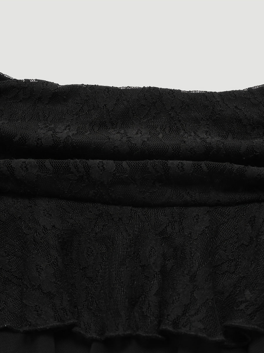 Lace Patchwork Mesh Half Skirt - Black