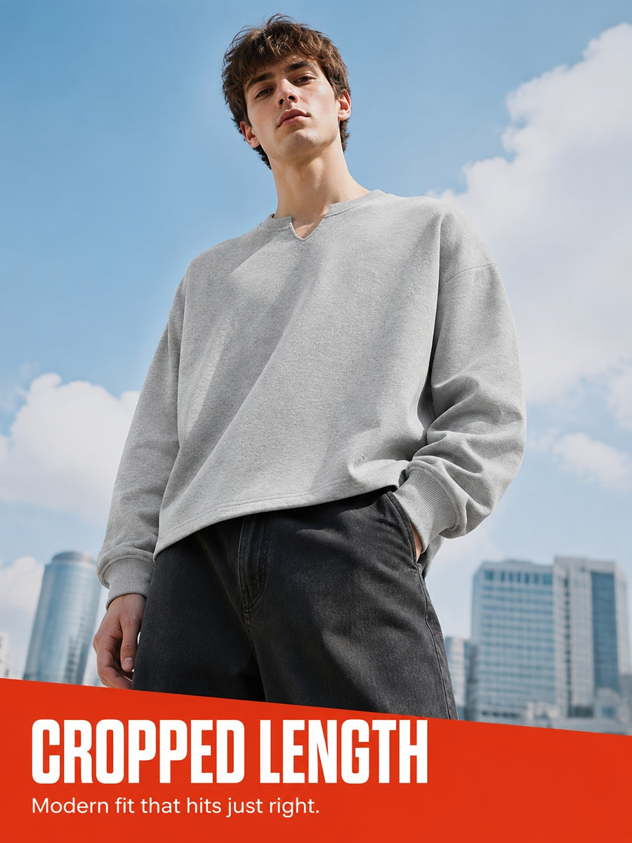 1pc Men'S Oversized Henley Notch-Neck Pullover Top, Drop Shoulder Loose Silhouette, Soft Knit Fabric, Ribbed Cuffs, Straight Hem, Minimalist Street-Inspired Long Sleeve Shirt for Daily Casual Commute Wear - Light Grey