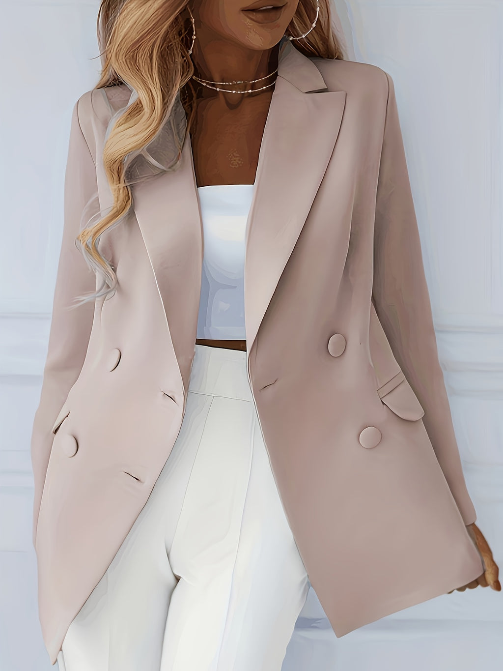 Fashion Women'S Elegant Suit Jacket Trendy Solid Color Lapel Double-Breasted Blazer - Pink Color