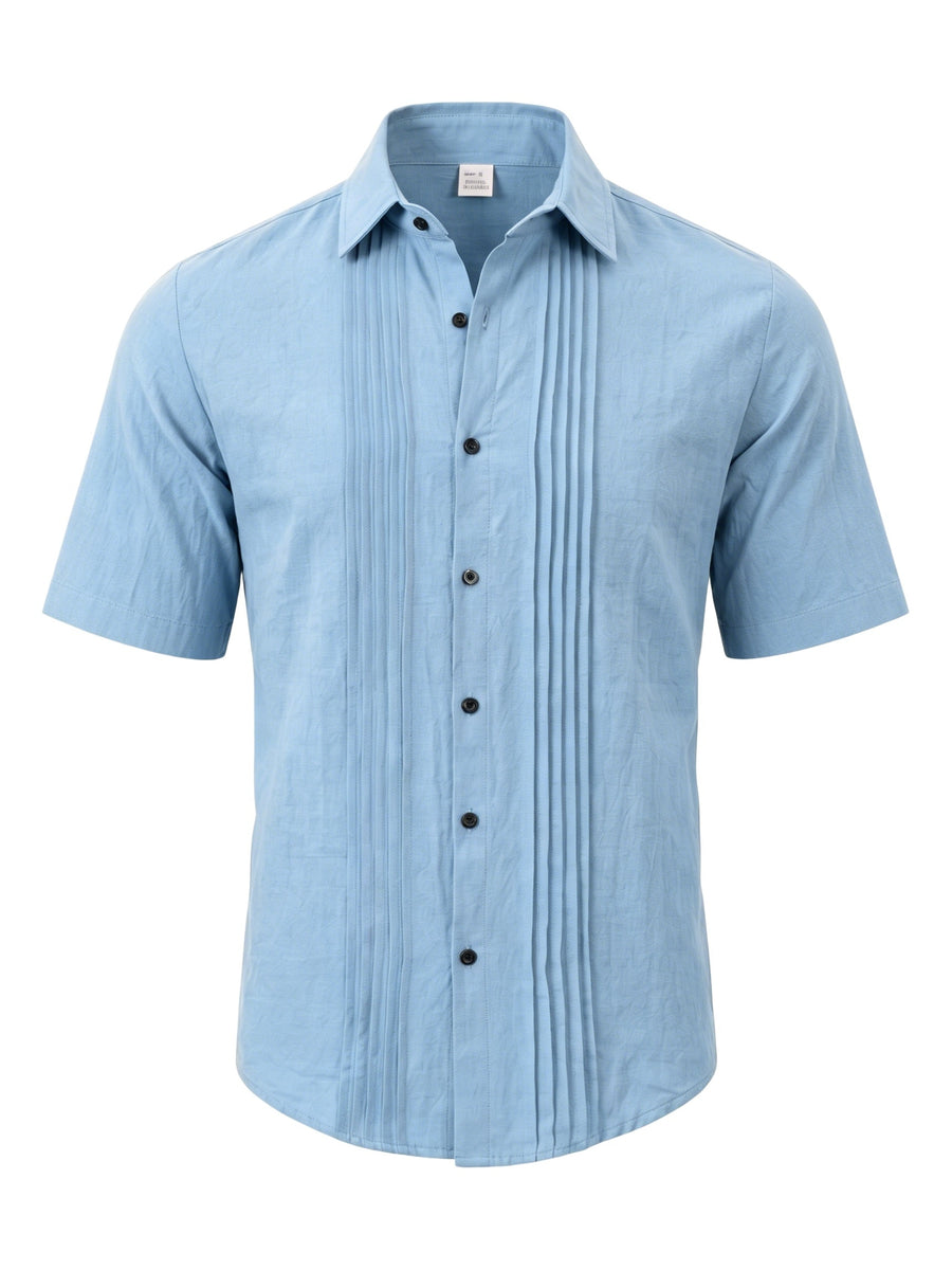 Men's Solid Color Button-Up Lapel Collar Short Sleeve Shirt - Breathable Textured Linen Button-Front Collar Shirt Suitable for Beach, Casual & -Casual Wear, Summer Office Outfits - Non-Stretch Button Collar - Light Blue