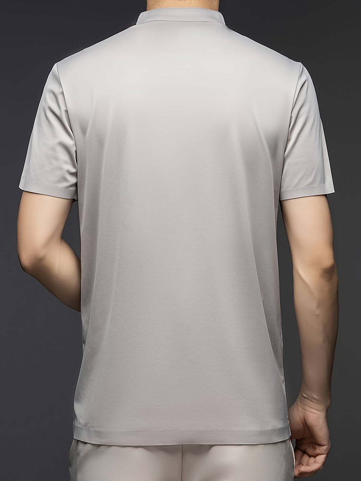 Joshime OBM Men's T-Shirt, New Summer Style, Men's Stand Collar Solid Color Short Sleeve Tee, Middle-Aged Casual Half-Sleeve T-Shirt - Beige Color