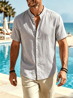 Men'S Summer Stand Collar Short Sleeve Shirt, Lightweight And Breathable Button-Up Top, Loose Casual Shirt for Beach Vacation, Solid Color Mandarin Collar Daily Outfit, Ideal for Holidays, Pool Parties, And Yacht Trips (Shirt solely) - Light Grey