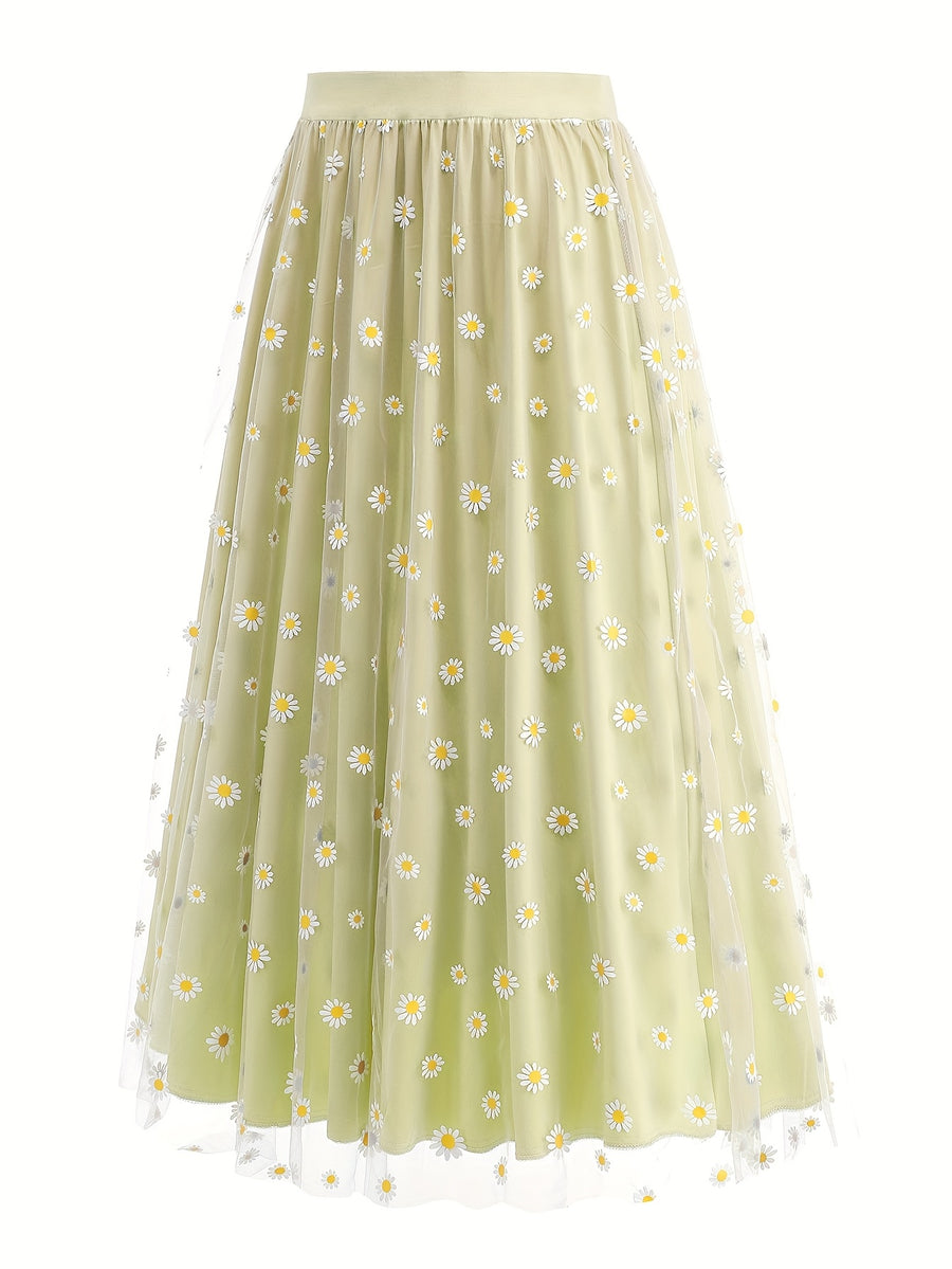 Elegant Chiffon Vacation Skirt with Small Chrysanthemum Print for Women - Yellow