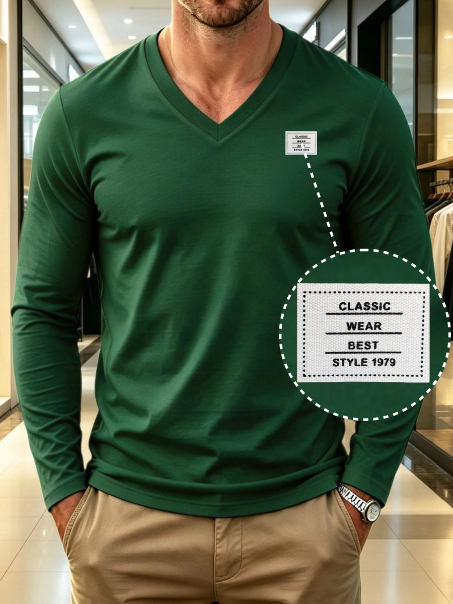 100%, Men'S V-Neck Long Sleeve Short-Sleeve T-Shirt, Men'S Knit Sweatshirt, Casual Sports Outdoor Top, Men'S Casual All-Match T-Shirt, Back to School Season, Gift for Friends - Dark Green