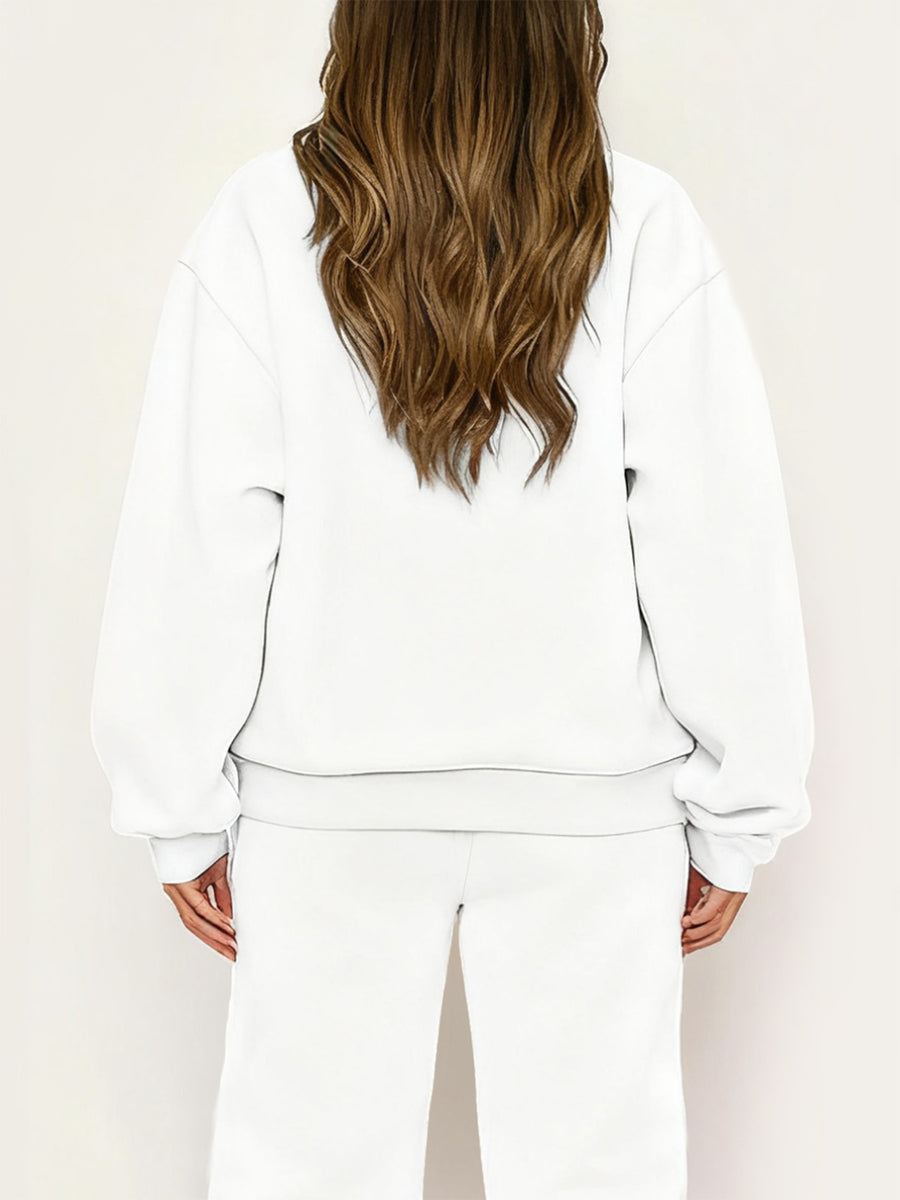 Graphic Print Two-Piece Set, Crew Neck Sweatshirt And Pants, Women'S Clothing - White