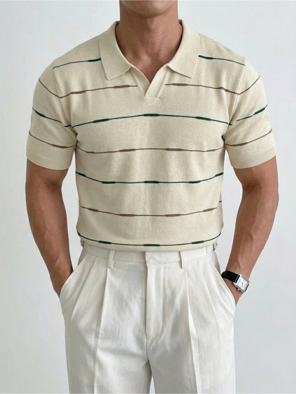 Men'S Contrast Narrow Stripe V-Neck Polo Knit Short Sleeve Summer Ice Fiber Fabric Slim Fit Breathable Top, Lightly Mature Commuter Textured Lapel Base Layer, Easy Versatile Casual Men'S Knit Polo Shirt - Khaki