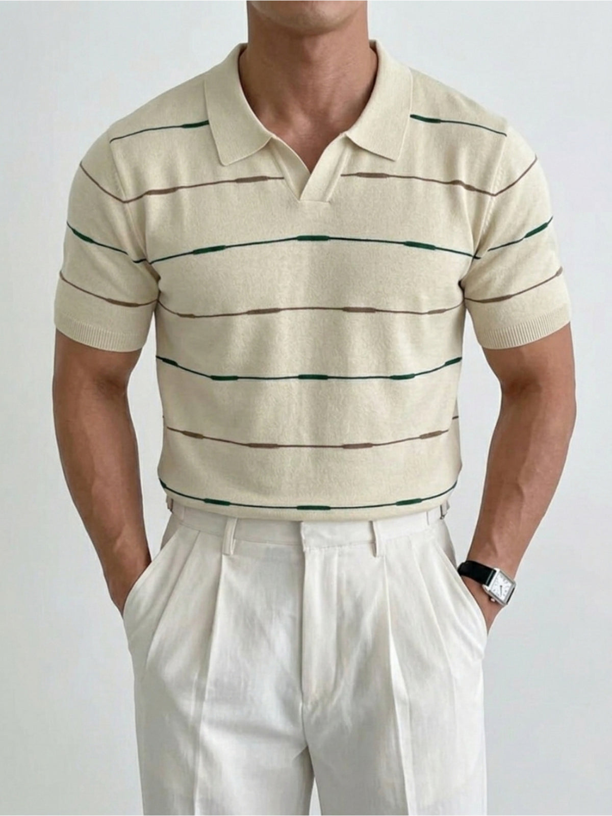 Men'S Contrast Narrow Stripe V-Neck Polo Knit Short Sleeve Summer Ice Fiber Fabric Slim Fit Breathable Top, Lightly Mature Commuter Textured Lapel Base Layer, Easy Versatile Casual Men'S Knit Polo Shirt - Khaki