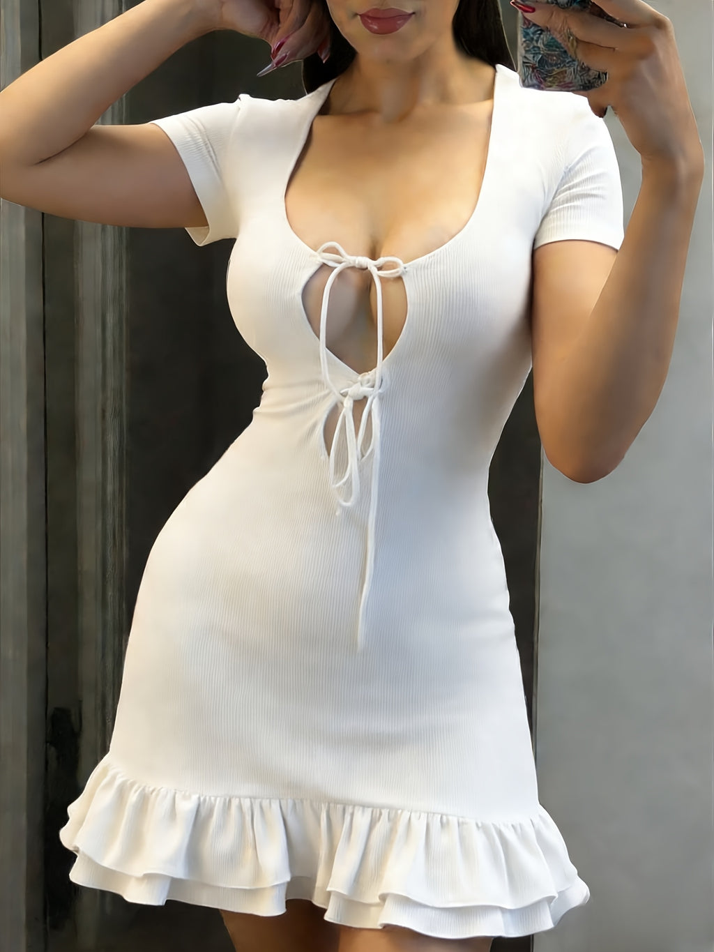 Summer Western Cross-Border New Women'S Chest Tie-String Hollow Sexy Fashion Ruffled Women'S Dress - White