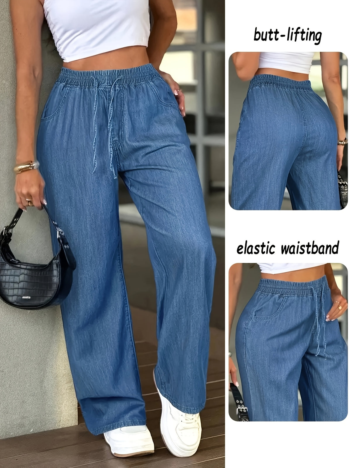 Women'S High-Waist Straight-Leg Jeans with Elastic Drawstring Waistband - Comfortable Casual Trousers, Medium Blue, Loose Fit, All-Season, Casual Denim | Straight-Leg Jeans | Fabric, Suitable for Daily Commute, Vacation Travel, Trendy Gatherings - Sky Blue