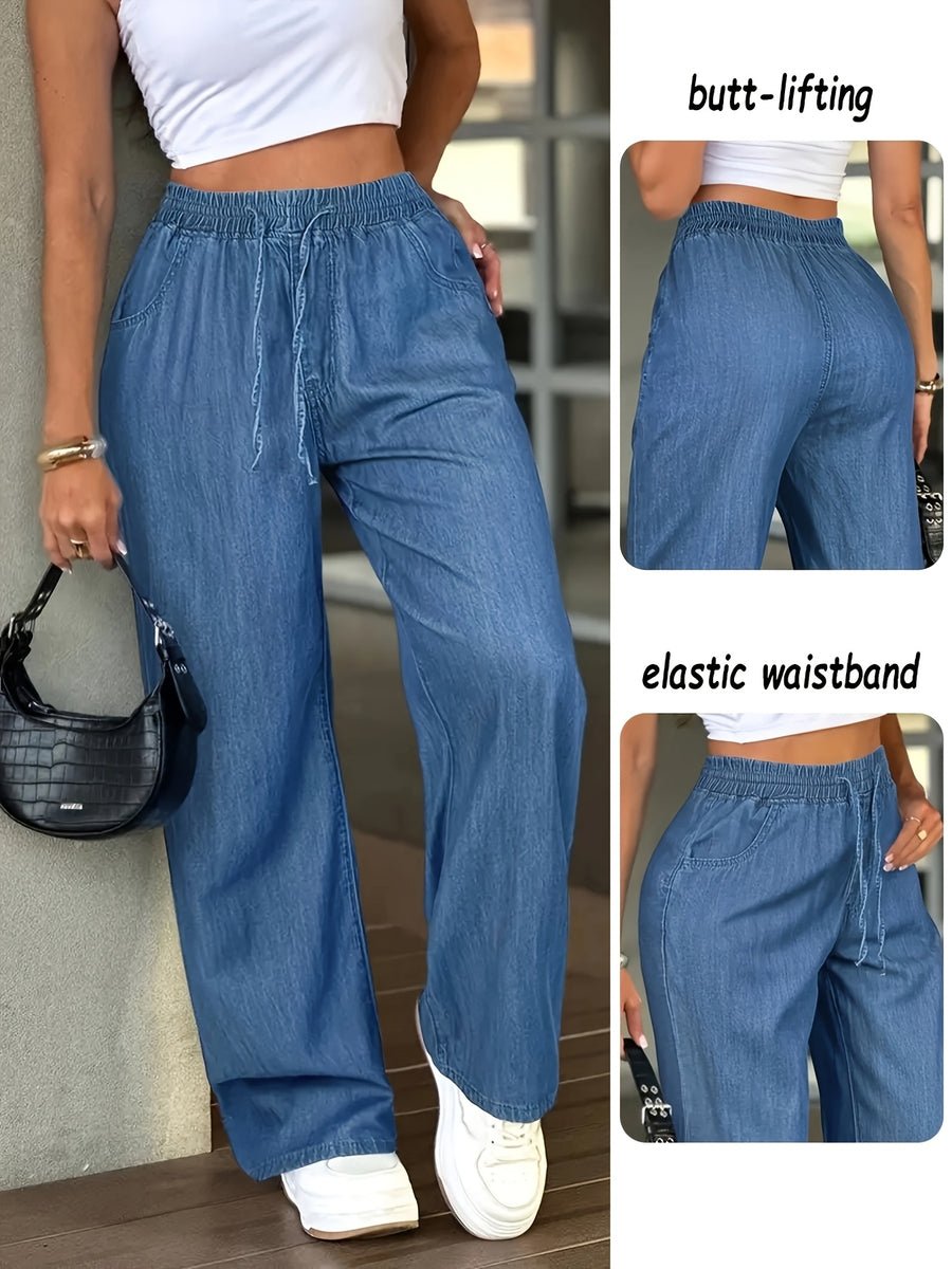 Women'S High-Waist Straight-Leg Jeans with Elastic Drawstring Waistband - Comfortable Casual Trousers, Medium Blue, Loose Fit, All-Season, Casual Denim | Straight-Leg Jeans | Fabric, Suitable for Daily Commute, Vacation Travel, Trendy Gatherings - Sky Blue