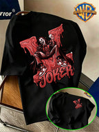 Warner Bros. Official Joker Print T-Shirt with Red-Toned Fluid Vibe, American Vintage Casual Short Sleeve, Men's Casual Comfortable Multi-functional Loose Summer Short Sleeve T-Shirt, Suitable for Outdoor Wear and the Gym - Black