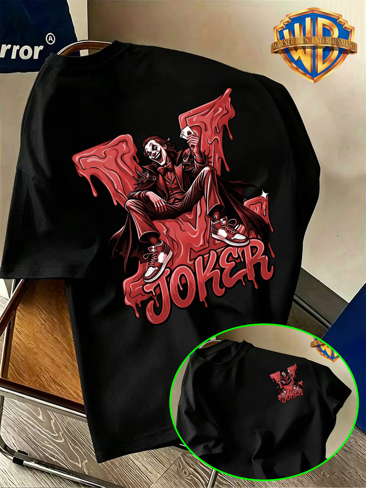 Warner Bros. Official Joker Print T-Shirt with Red-Toned Fluid Vibe, American Vintage Casual Short Sleeve, Men's Casual Comfortable Multi-functional Loose Summer Short Sleeve T-Shirt, Suitable for Outdoor Wear and the Gym - Black